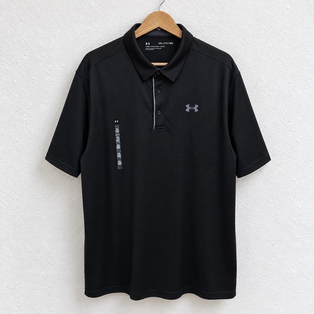 New Under Armour Mens Performance Tech Polo 2.0 Black Loose Fit Golf Shirt 2XL